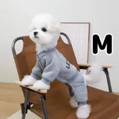 犬服 裏起毛 ロンパース グレー M 英字ロゴ つなぎ 防寒 おしゃれ ペット☆