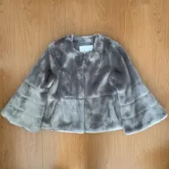 【651】アナイ　杢ループ千鳥ファー付きコート　白黒　38 日本製／ブルーフォックスファー／カシミヤ混】ファー付ウール