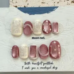 【オーダー♡】ネイルチップ　レース柄　ピンク　フラッシュマグネット　ドット柄