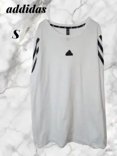 adidas【S】 ホワイト Tシャツ ストライプ 綿100 ゆったり