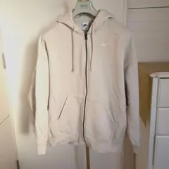 NIKEジップアップパーカー 裏起毛 ボックスシルエットMベージュホワイト刺繍
