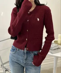 U.S.POLO ASSN. ゴールドボタン刺繍ケーブルニットカーディガン