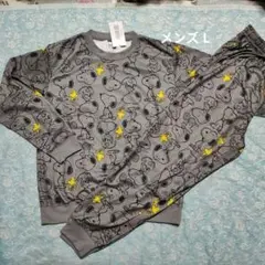 新品 メンズ L スヌーピー&ウッドストック総柄 薄手長袖パジャマ 上下セット