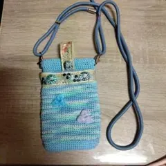 かぎ針編み スマホショルダーバッグ 青