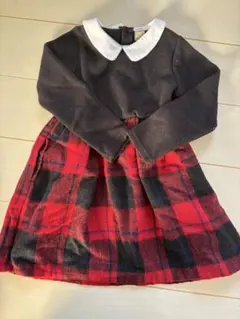 プティマイン 襟付き黒赤チェックワンピース　130