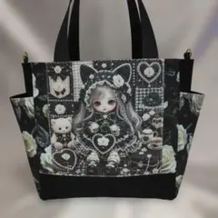 トート ハンドメイドうさぎイラストサイドポケット付きトートバッグ