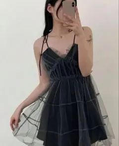 ブラック チュール　フレア　キャミワンピース　グレー