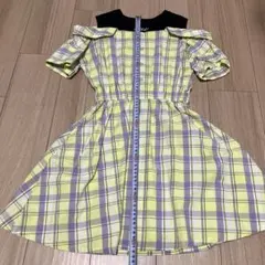 GUチェック柄 半袖ワンピース イエロー パープル肩出し