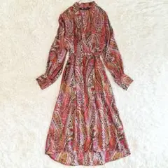 A1922 ZARA ペイズリー総柄ロングワンピース ベルト カシュクール M