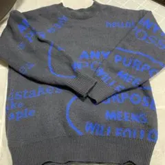 グレー 青 文字 ニットセーター Fサイズ