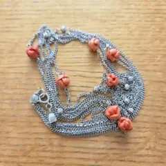 レトロ　３連ロングネックレス オレンジ　シルバー