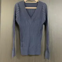 Vネック リブニット 長袖 ブルー