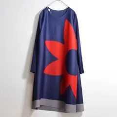 未使用 T's COLLECTION フラワー プリーツ ワンピース 紺 M-L