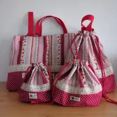 ハンドメイド　入園　入学　レッスンバック他５点セット　いちご　花　赤色