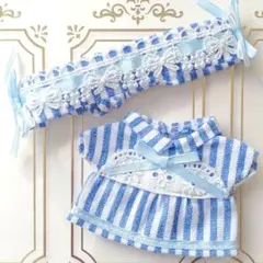 【2点セット10cmぬい服】襟付きストライプワンピース&カチュームセット