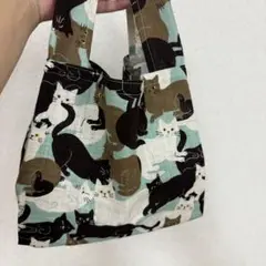 ハンドメイドエコバッグ　コンビニサイズ　猫　グリーン