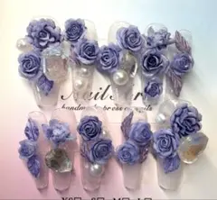 紫立体フラワーデザイン　成人式　華やかロングネイルチップサイズS