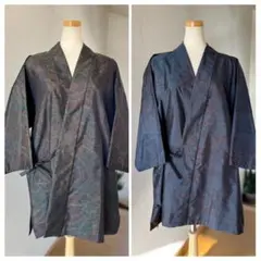 大島紬　作務衣　2着セット　着物リメイク　シルク上衣　割烹着　お仕事着