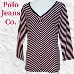 ✨美品✨ポロジーンズ ストライプ Vネック カットソー L ピンク 綿ストレッチ