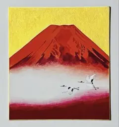 [Mercari Exclusive] Hand-painted Ink Landscape Painting, Colored Ink Painting "Red Fuji and Cranes" Artwork, Interior Decor, Auspicious Charm
