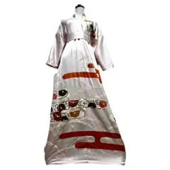 振袖　着物リメイク　タック襟ドレス　和柄　ワンピース　金糸花　ハンドメイド