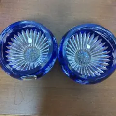 ポーランドPOLONIA青いカットガラス製 花模様 ボウル・花器 2個セット切子