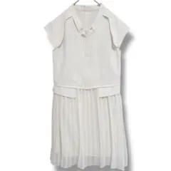 ひざ丈ワンピース M ホワイト 半袖 レース フレア 比翼ボタン プリーツ