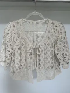 アイボリー レース編み 半袖カーディガン