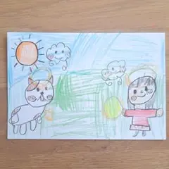 手書きイラスト「野原で猫と」