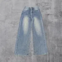P13｜ワイドデニム　ダメージ　ハイウエスト　S　ストリート　韓国　カジュアル