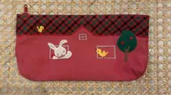family ペンケース　ポーチ ウサギと鳥刺繍　赤