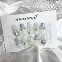 【現品】ネイルチップ 量産型 ワンホン ハート 韓国 水色 ホワイト スナ系