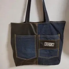 デニムと合成皮革のトートバッグ