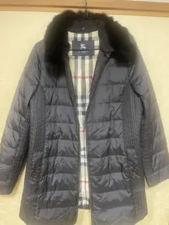 バーバリーロンドン　ダウンコート　メガチェック　44　ファー付き 黒