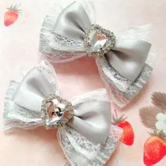 リボン ヘアクリップ 左右2個セット 量産型 地雷系 シルバー×白レース