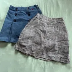 ピンクラテ　デニム風青とチェック柄スカートセット