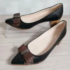 【極美品】DIANA ポインテッドトゥ パンプス 黒 レザー リボン 22㎝