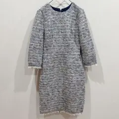 膝丈ツイードワンピース 【XS】 ネイビー×マルチカラー フリンジ付き