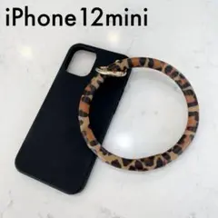 残1！iPhone12miniケース✳︎ヒョウ柄リング付き　ブラック×ゴールド