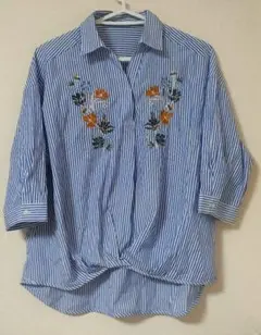 刺繍入り ストライプ 五分袖シャツ