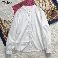 Chloe レース ブランドロゴ刺繍 長袖 ブラウス ホワイト 比翼 金ボタンのサムネイル