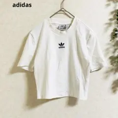 アディダス 半袖Tシャツ リブトップス　S 白 ロゴ刺繍 ショート丈 ストレッチ