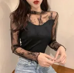 シアートップス 花柄 レース トップス ブラック 黒 シースルー フリーサイズ