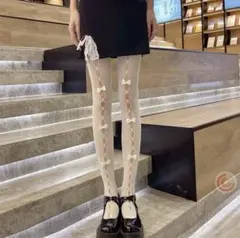 タイツ　リボン付き網タイツ　白　 ストッキング 量産型　ロリータ系　平成女児