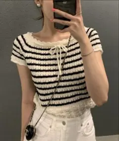 by muni:r パンチングリボン半袖ニット