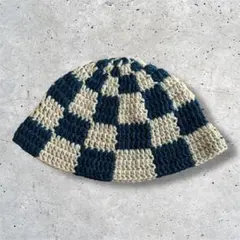 バケットハット クロシェハット ブルー ベージュ チェッカー ブロックチェック