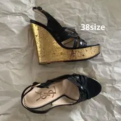 Saint Laurent ウェッジソール エナメル ブラック ゴールド 38