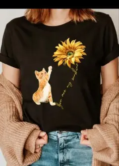 猫とひまわりグラフィックTシャツ　L-XLサイズ