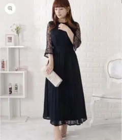 ネイビー　フォーマル　ロング　マキシ　ワンピース　レース　プリーツ　結婚式