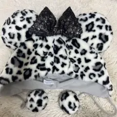ヒョウ柄ファー帽子 スパンコールリボン付き